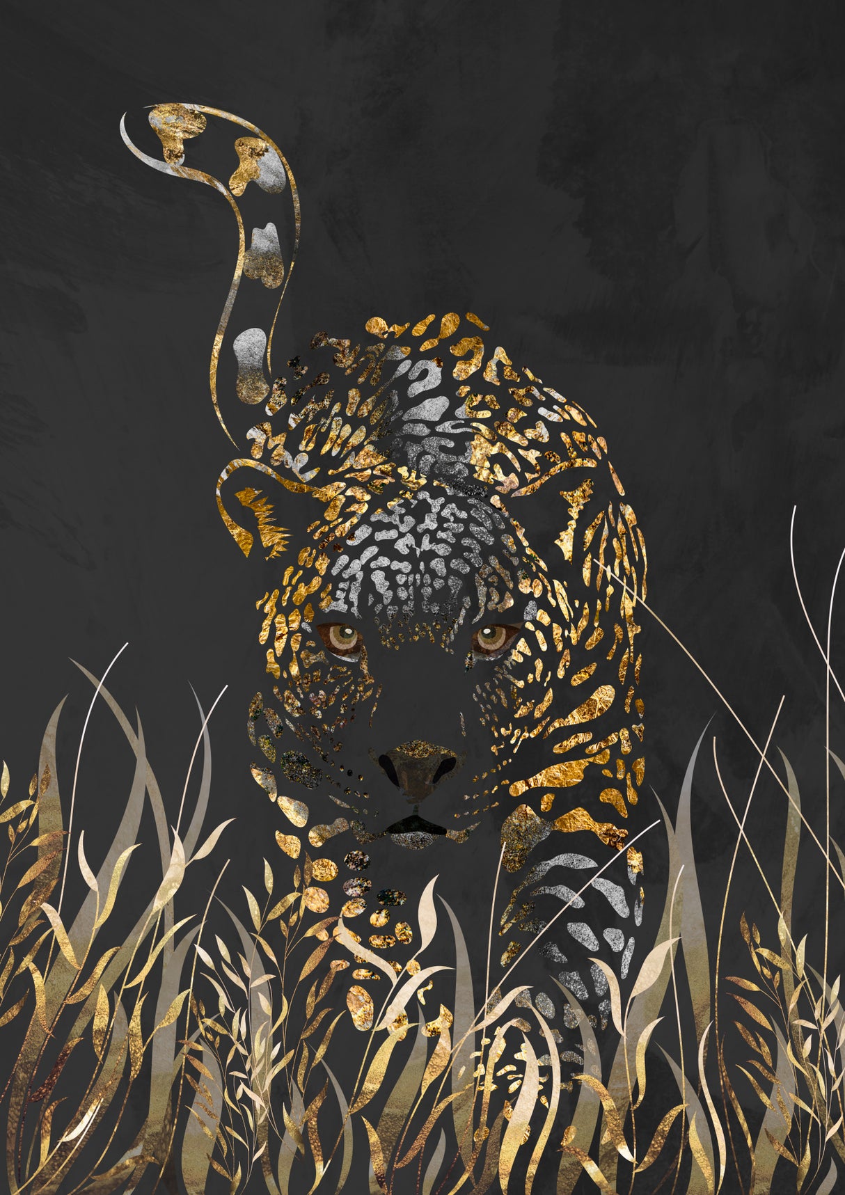 Black gold jaguar in grass Poster och Canvastavla
