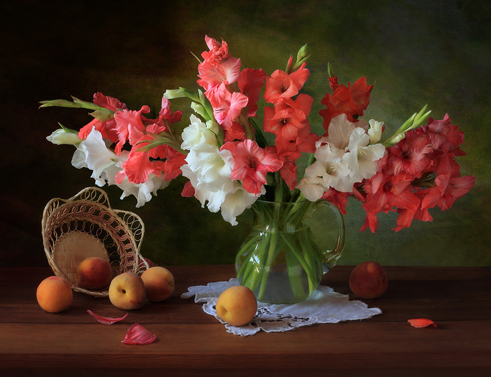 Still life with gladioli and peaches Poster och Canvastavla