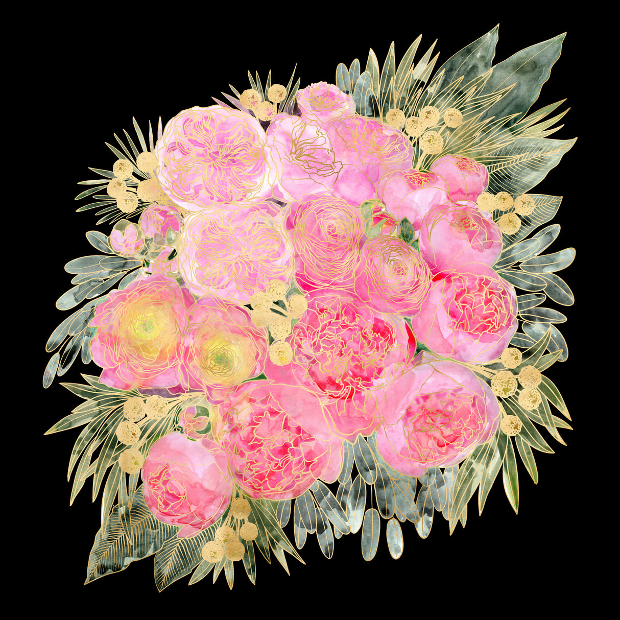 Rehka floral bouquet in light pink watercolor and black Poster och Canvastavla
