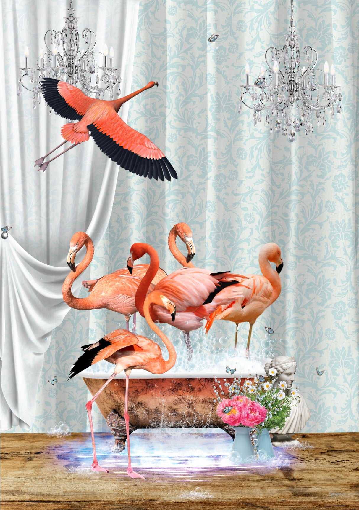 A flurry of Flamingos & Bubbles Poster och Canvastavla