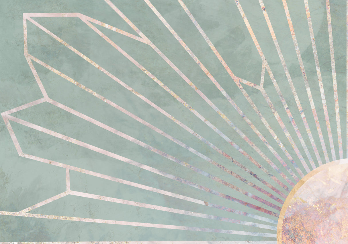 Gold geometric sun rays mural green Poster och Canvastavla