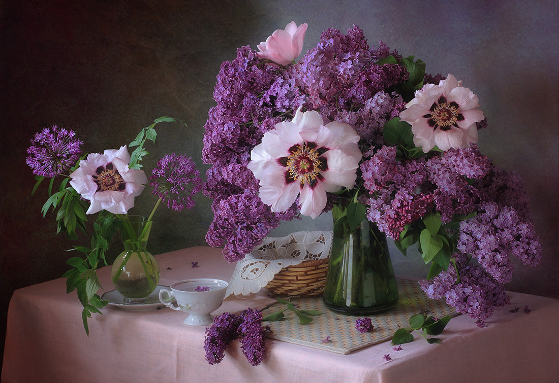 Still life with lilac and peonies Poster och Canvastavla