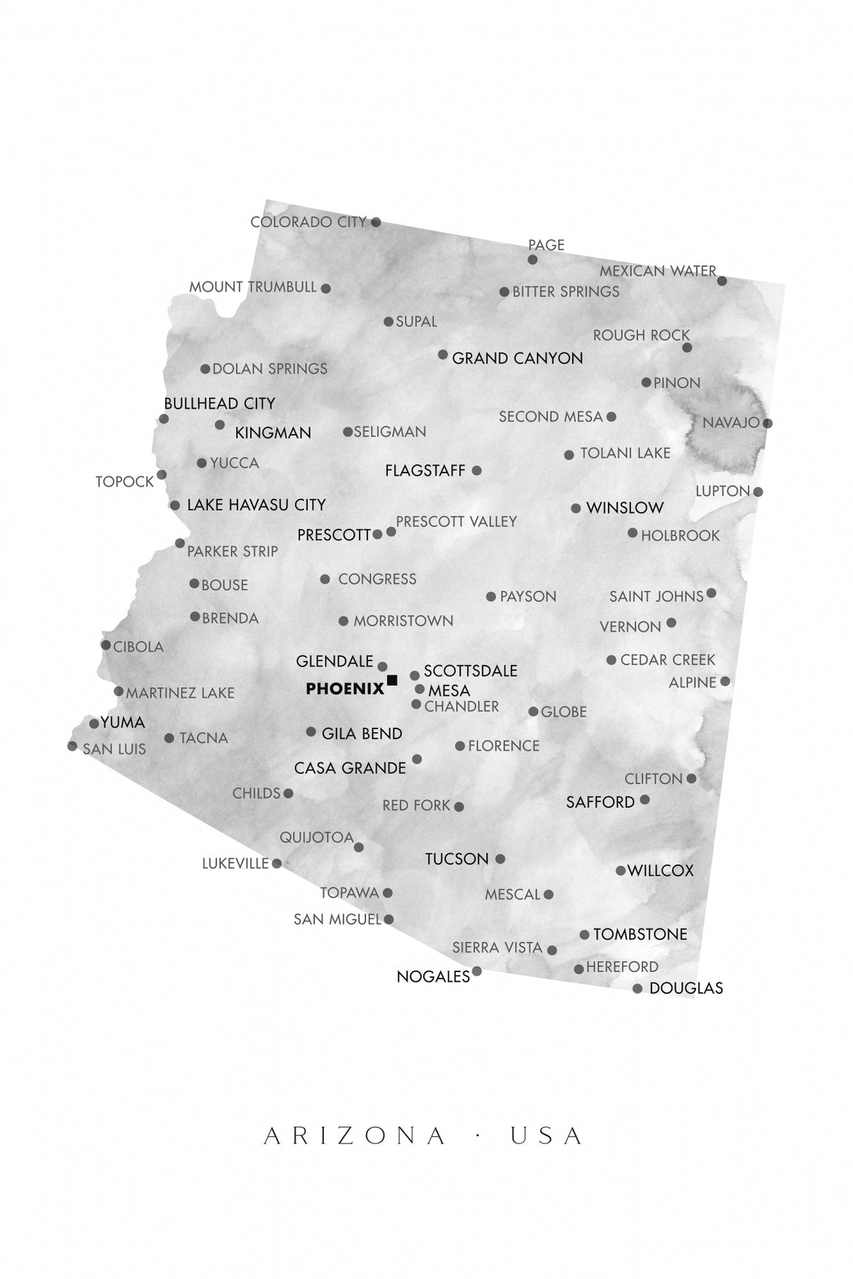 Grayscale watercolor map of Arizona, USA Poster och Canvastavla