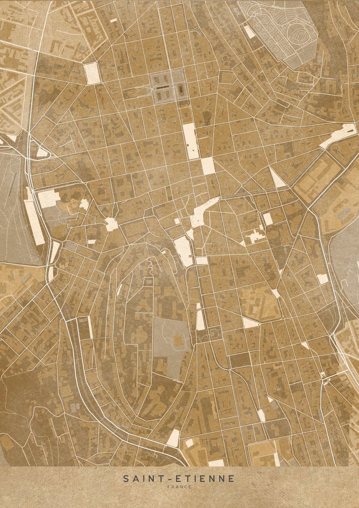 Sepia vintage map of Saint Etienne downtown France Poster och Canvastavla