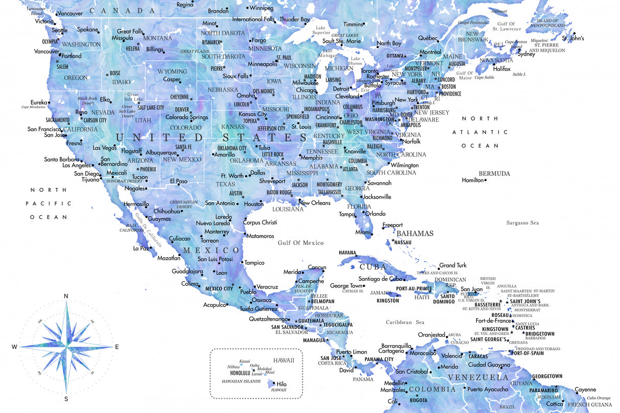 Blue map of USA and the Caribbean sea Poster och Canvastavla