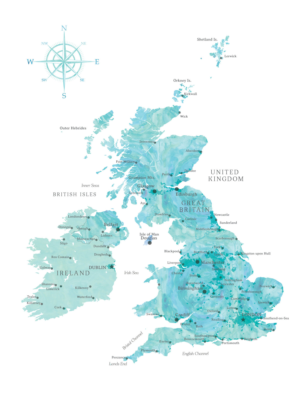 Aquamarine watercolor map of the United Kingdom Poster och Canvastavla