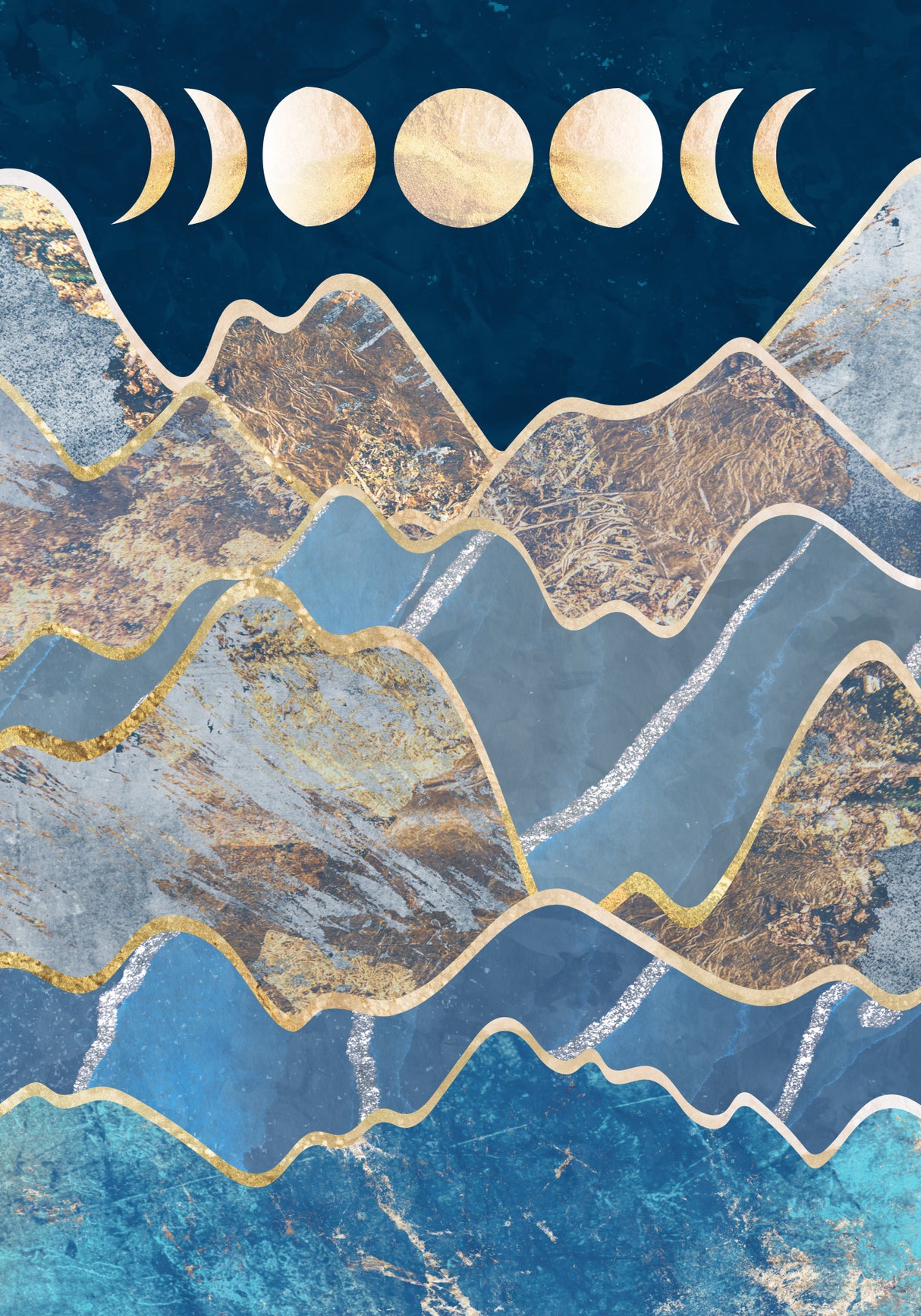 Metallic Moon Phase and Mountains Poster och Canvastavla