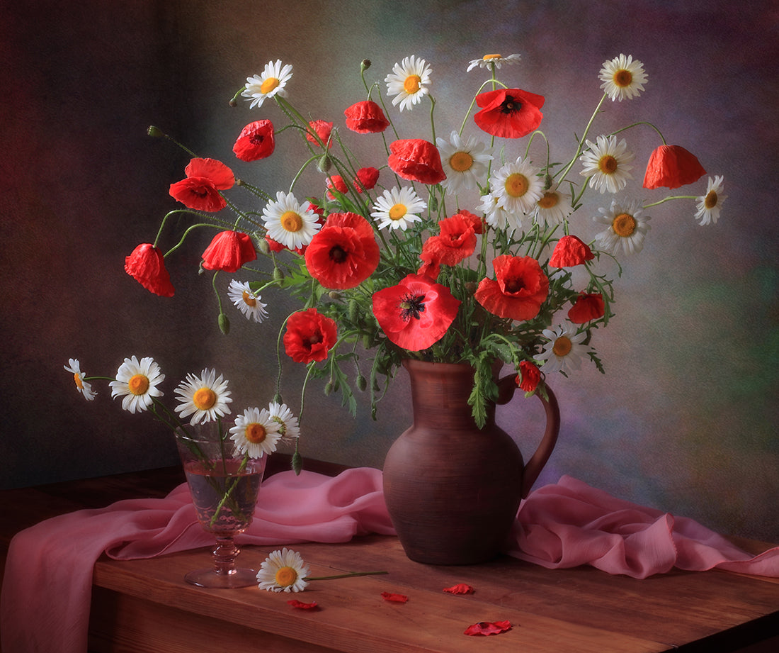 Still life with a bouquet of poppies and chamomile Poster och Canvastavla