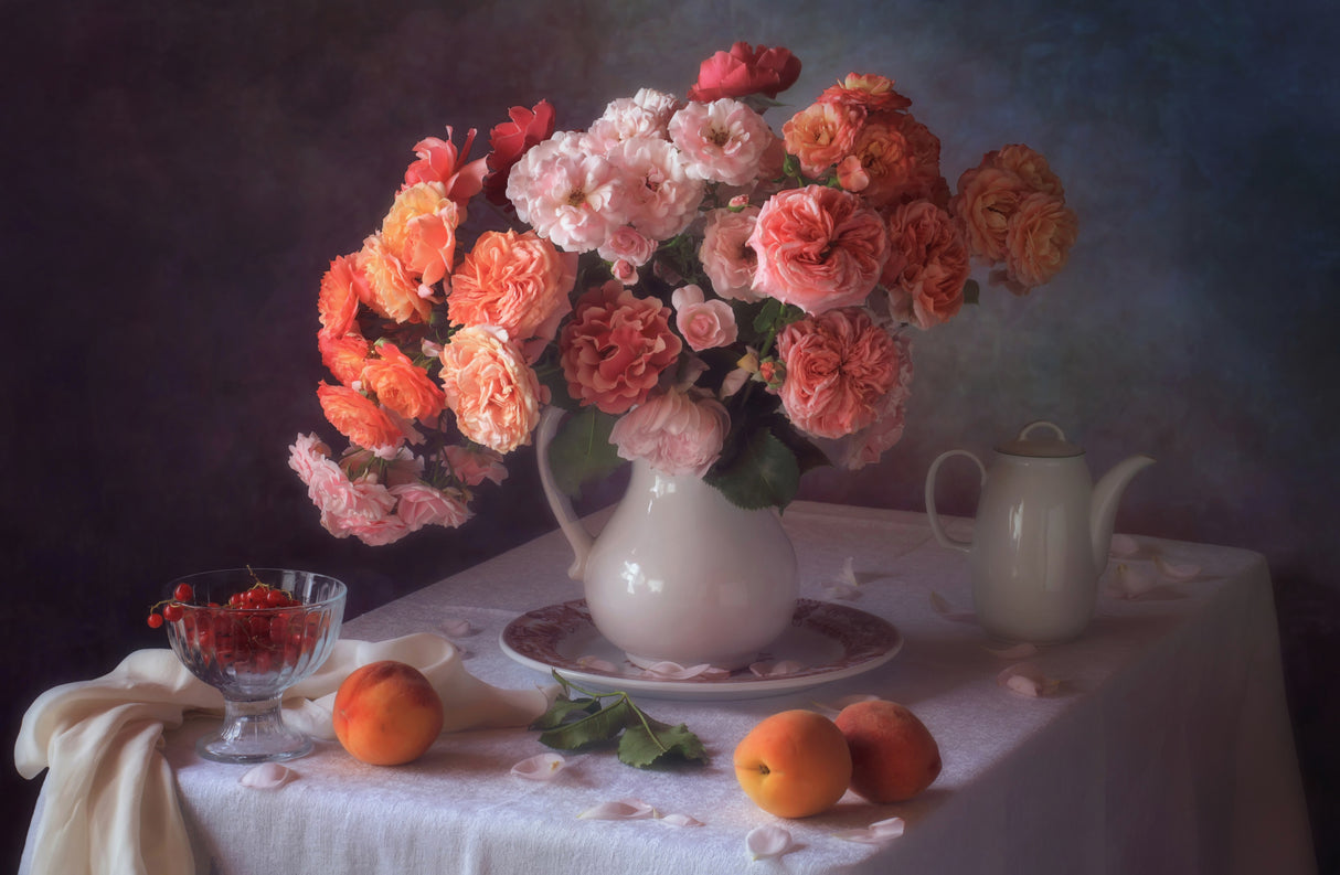 Still life with a bouquet of roses and fruits Poster och Canvastavla