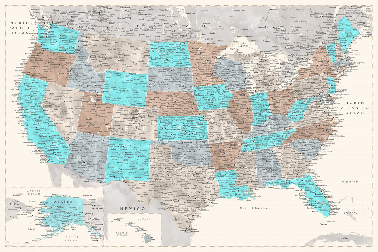 Highly detailed map of the United States, Romy Poster och Canvastavla