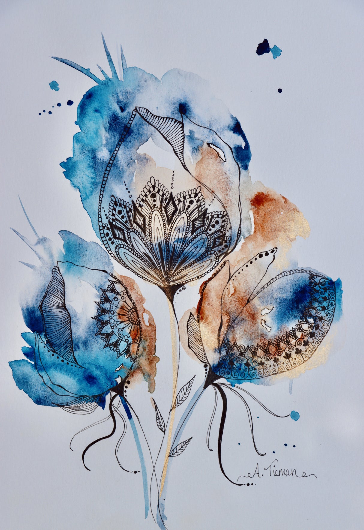 Mandala Floral (blue, Gold, Burnt Sienna) Poster och Canvastavla