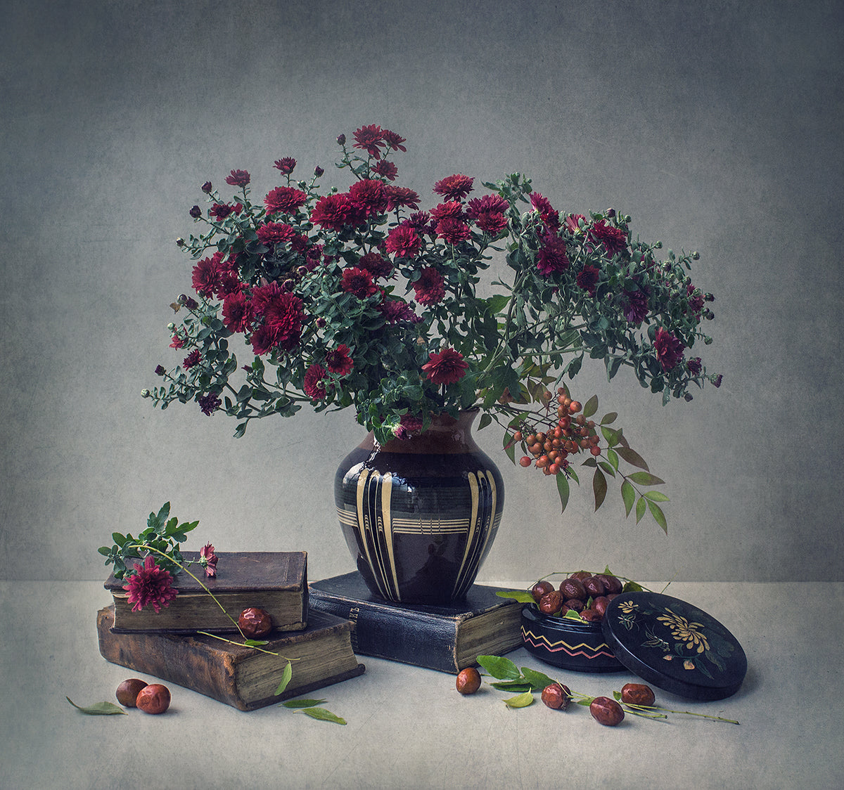 Chrysanthemums, old books and chinese date Poster och Canvastavla