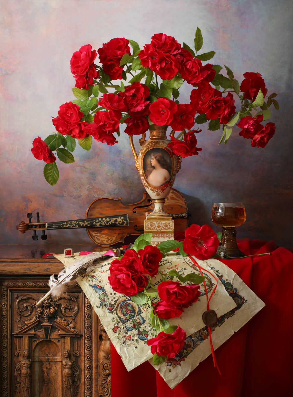 Still life with violin and red roses Poster och Canvastavla