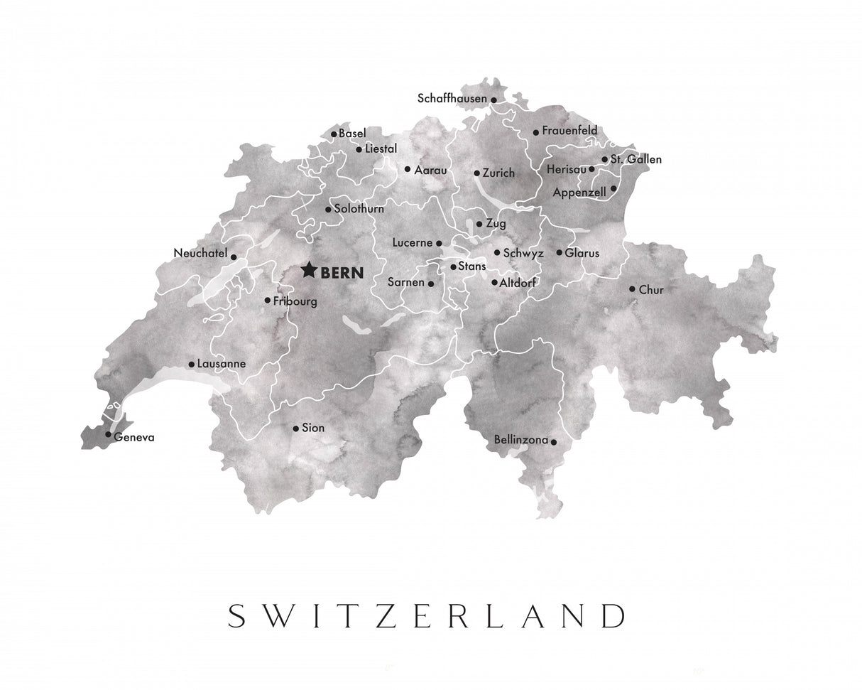 Gray watercolor map of Switzerland Poster och Canvastavla