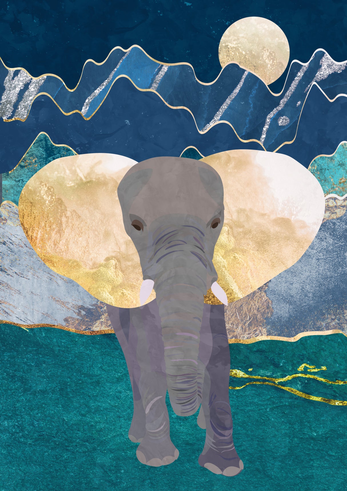 Moonlight golden elephant Poster och Canvastavla