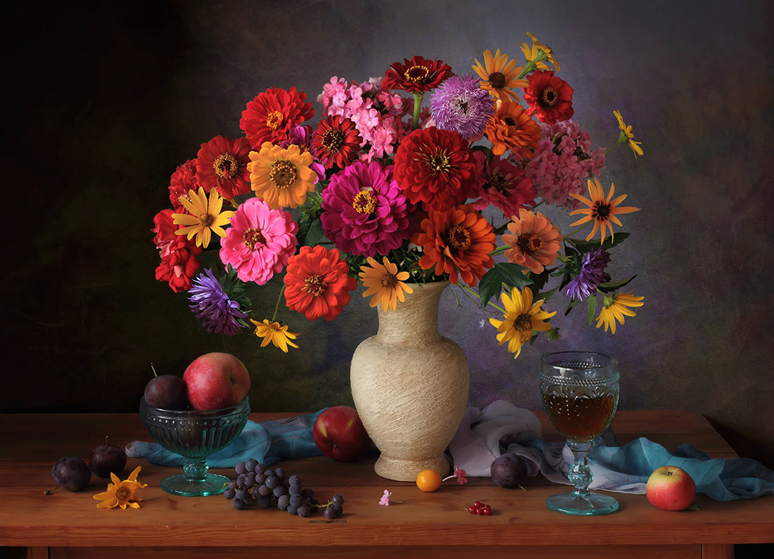 Still life with bouquet and wine Poster och Canvastavla