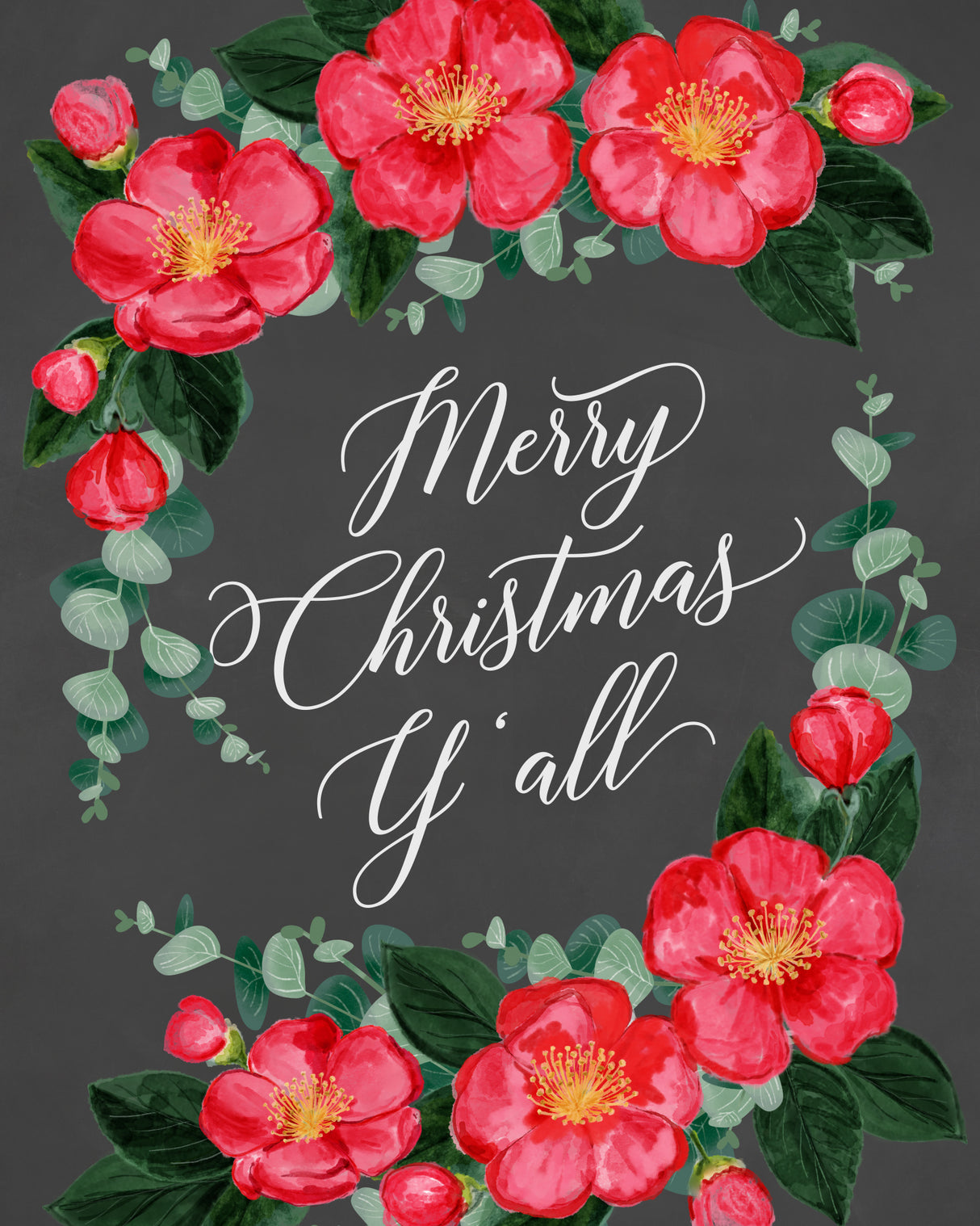 Watercolor camellias Merry Christmas Y'all Poster och Canvastavla
