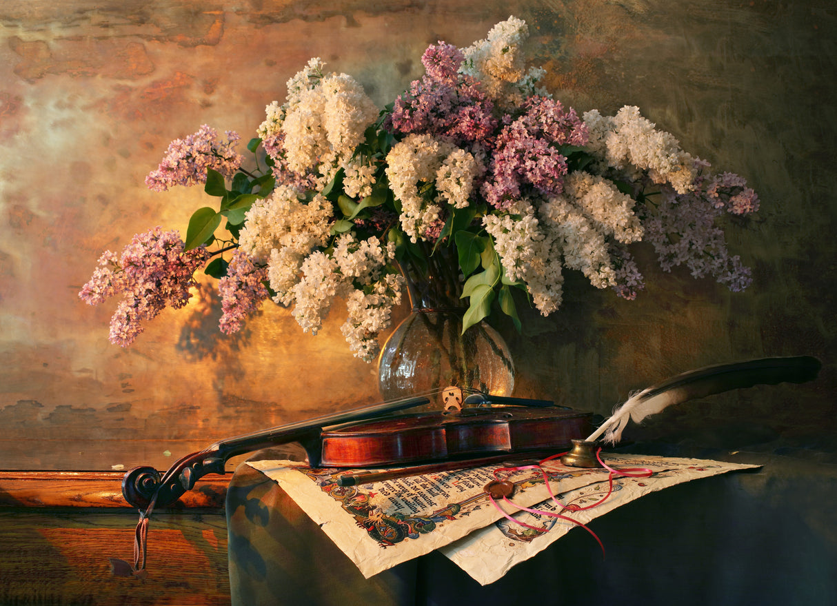 Still life with violin and lilac flowers Poster och Canvastavla