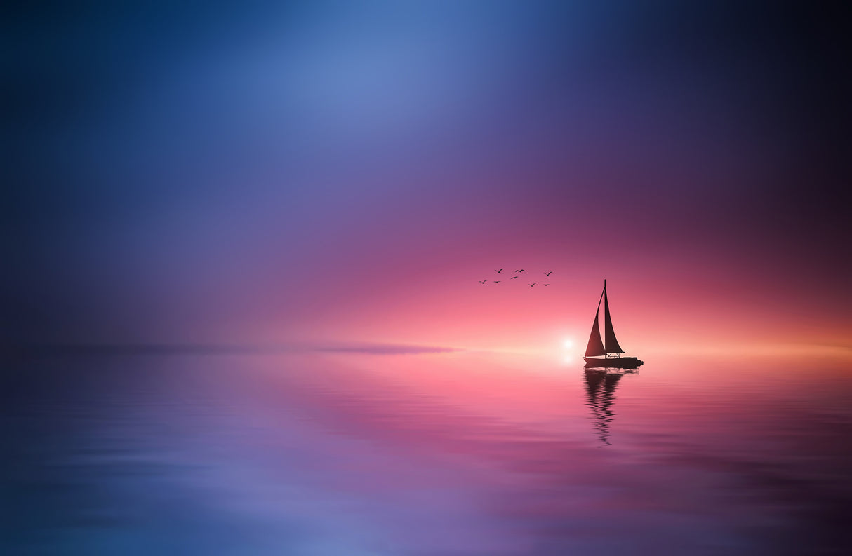 Sailing across the lake toward the sunset Poster och Canvastavla
