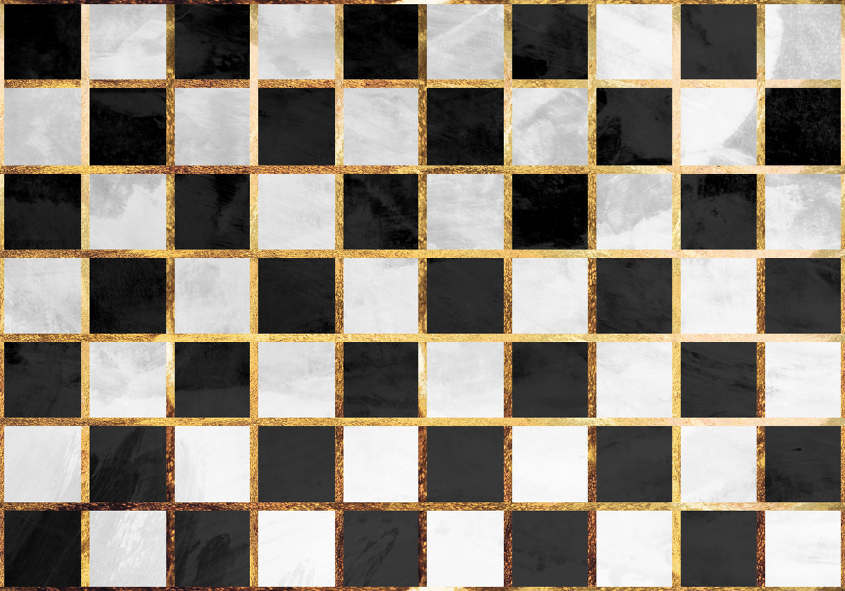 Checkerboard black gold white concrete Poster och Canvastavla