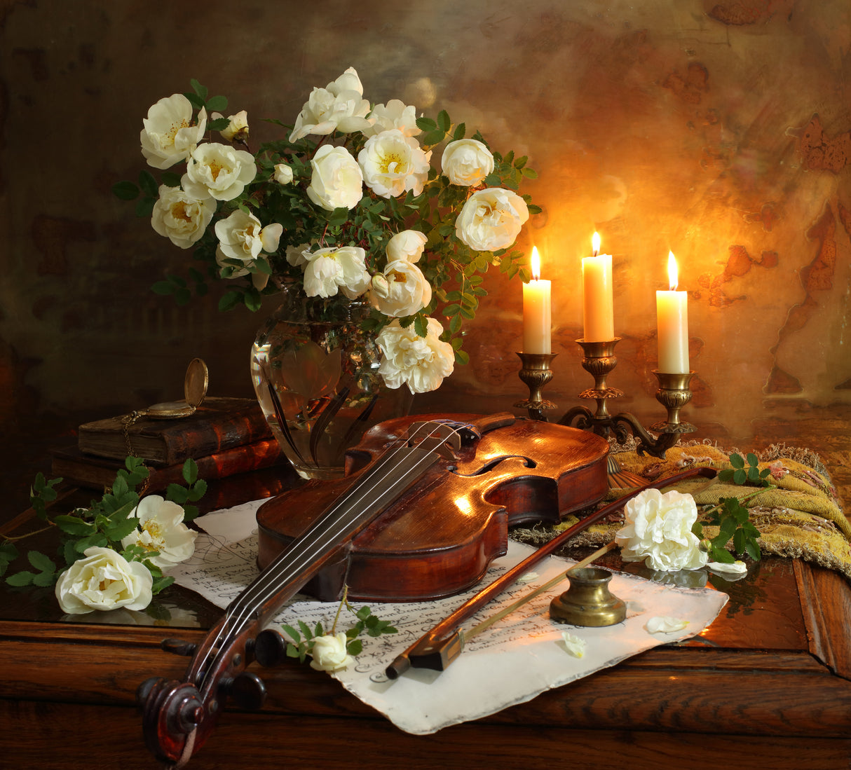 Still life with violin and flowers Poster och Canvastavla