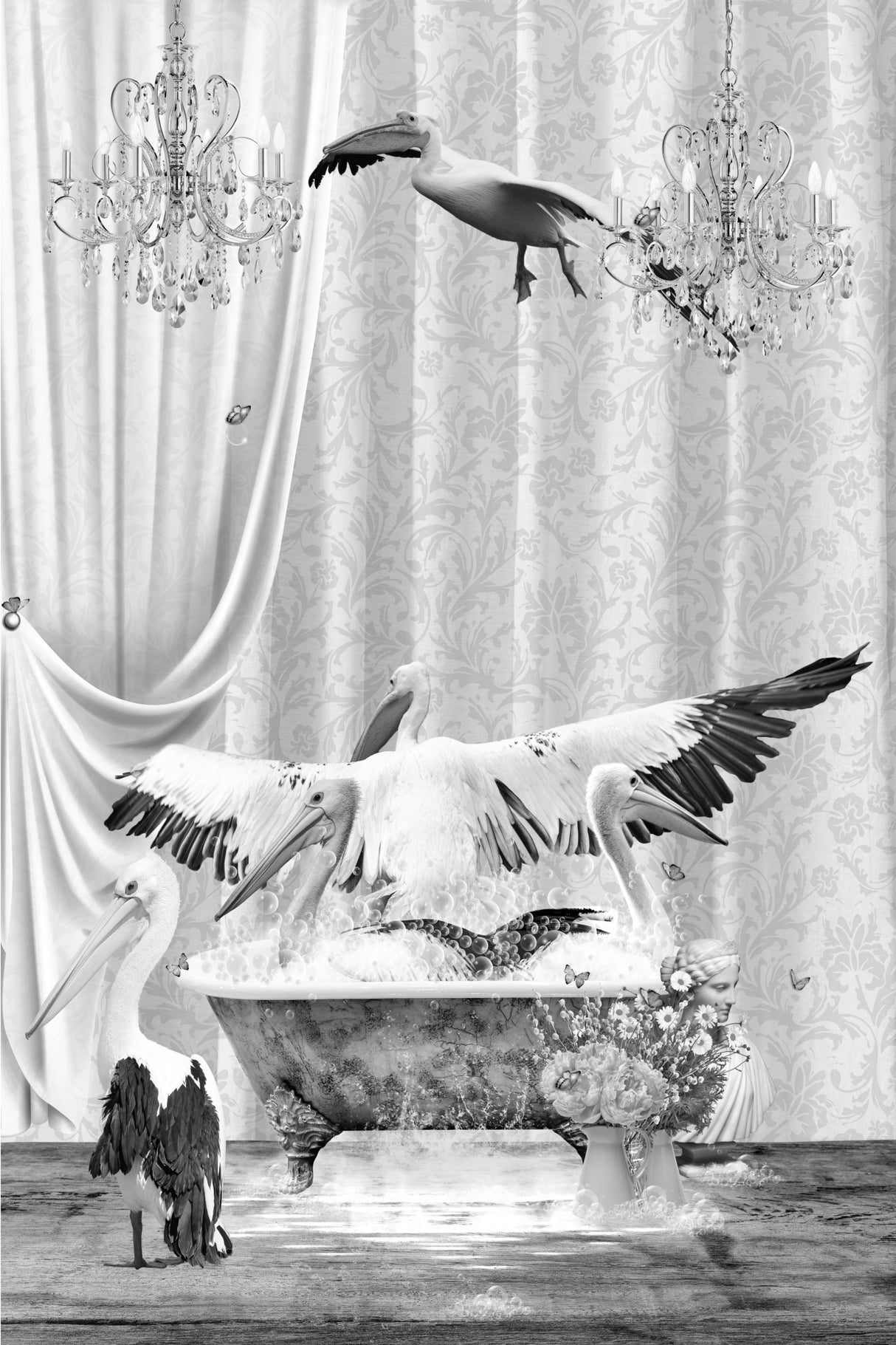 Pelicans & Bubbles Black & White Poster och Canvastavla