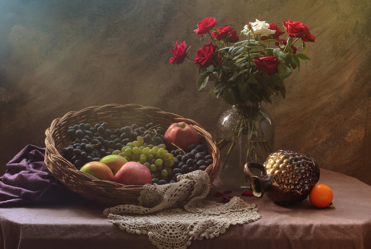 Still life with Fruit and Roses Poster och Canvastavla