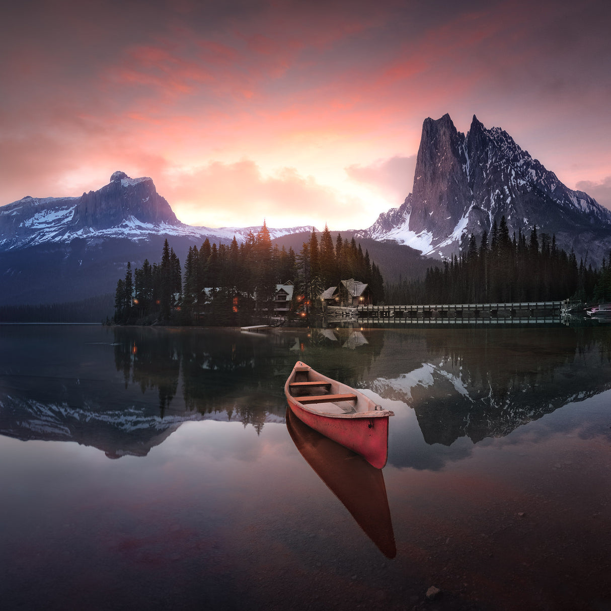 Rocky Mountains the boat at sunrise 7R24696 Poster och Canvastavla