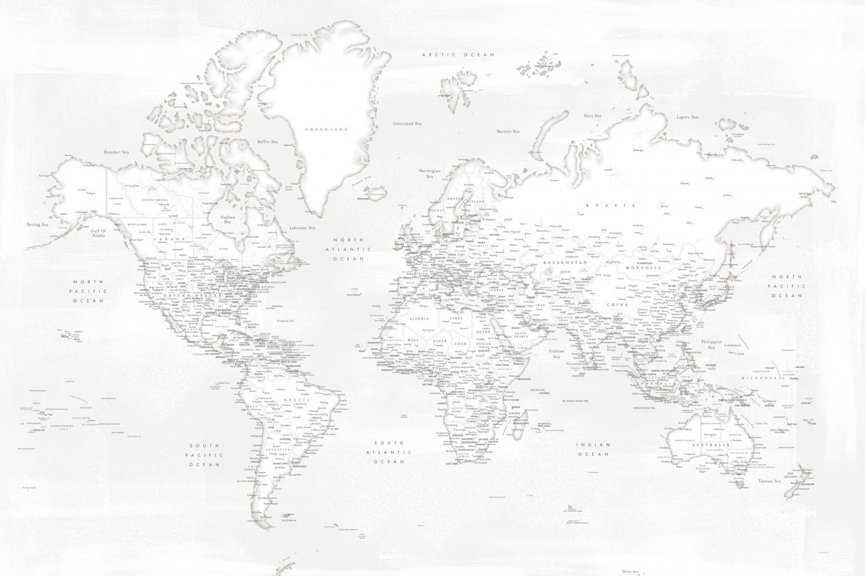 Detailed world map with cities, Maeli white Poster och Canvastavla