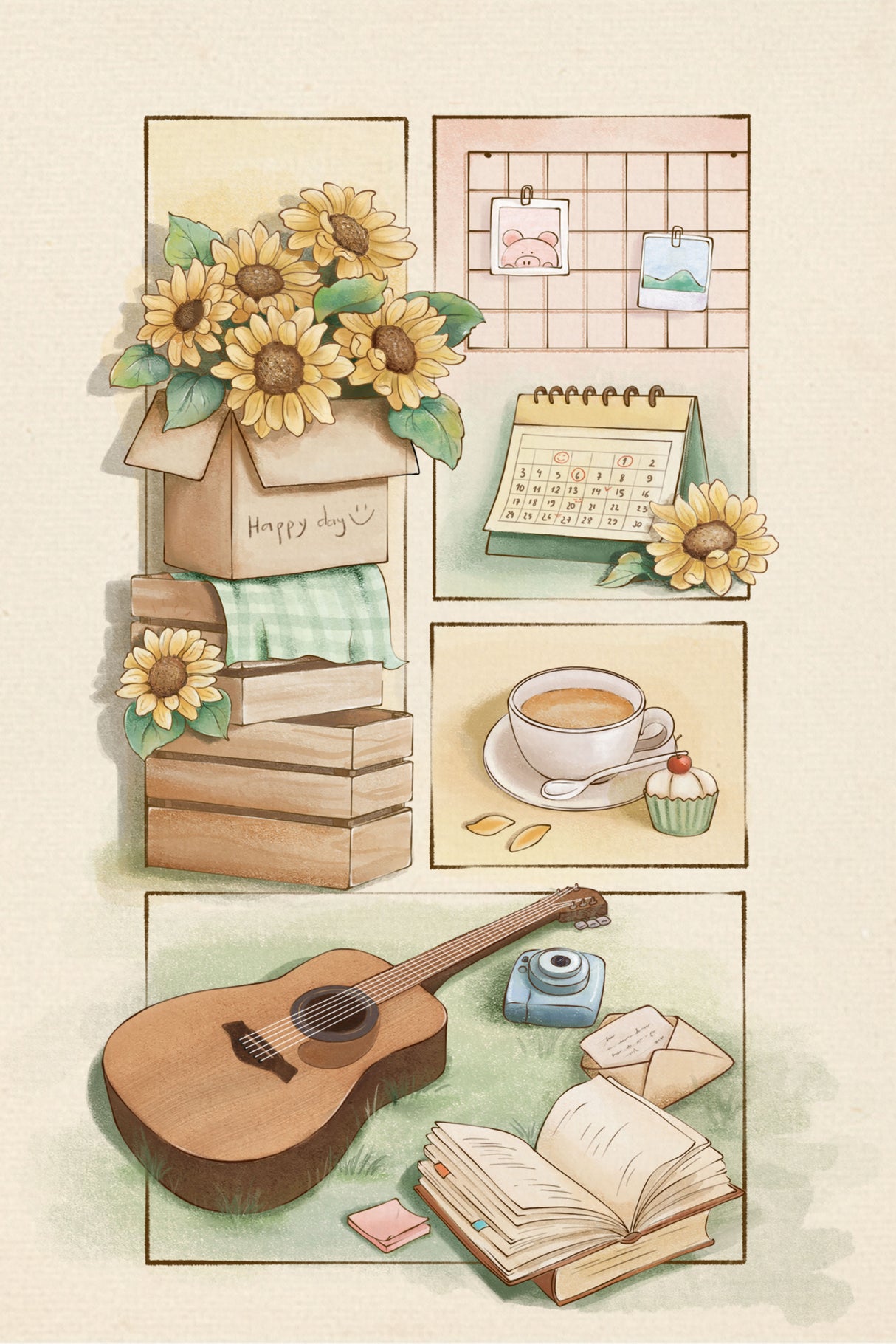 Sunflower illustration time Poster och Canvastavla
