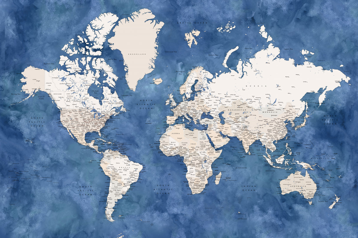 Detailed world map with cities, Sabeen Poster och Canvastavla