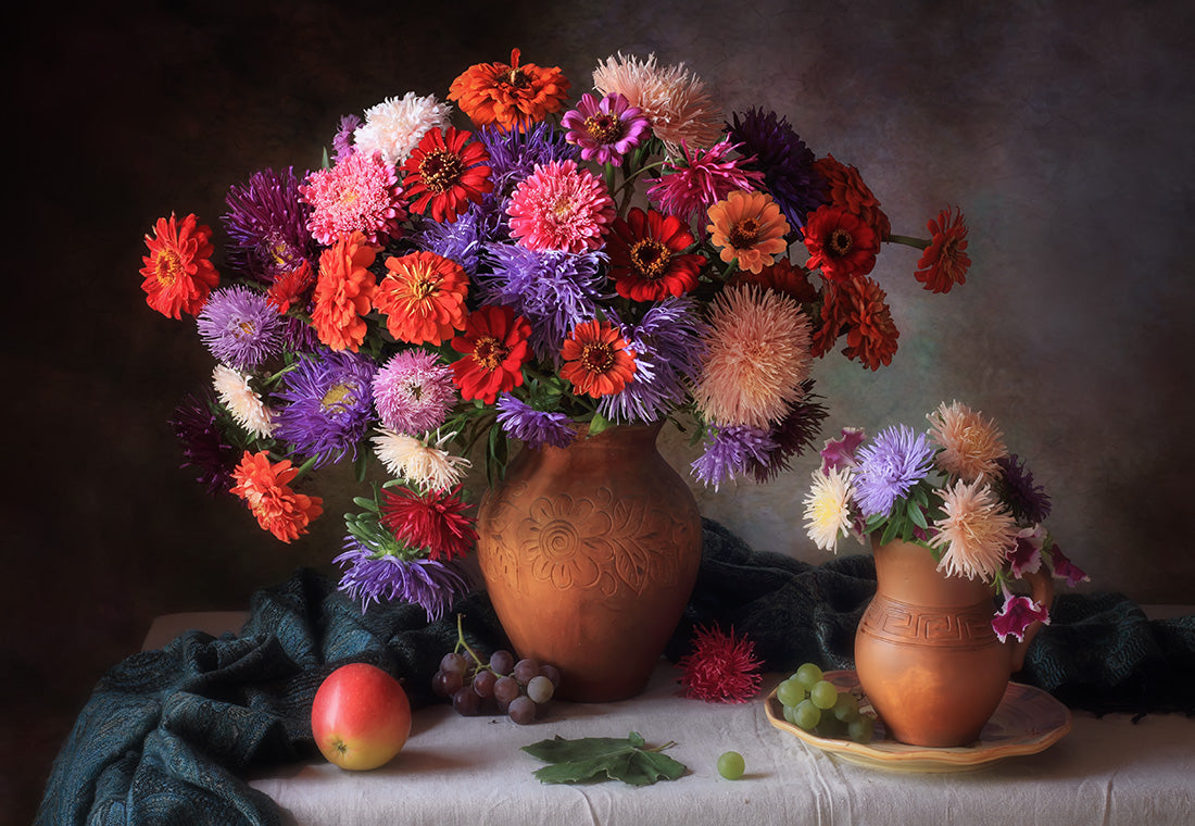 With a bouquet of asters and zinnia Poster och Canvastavla