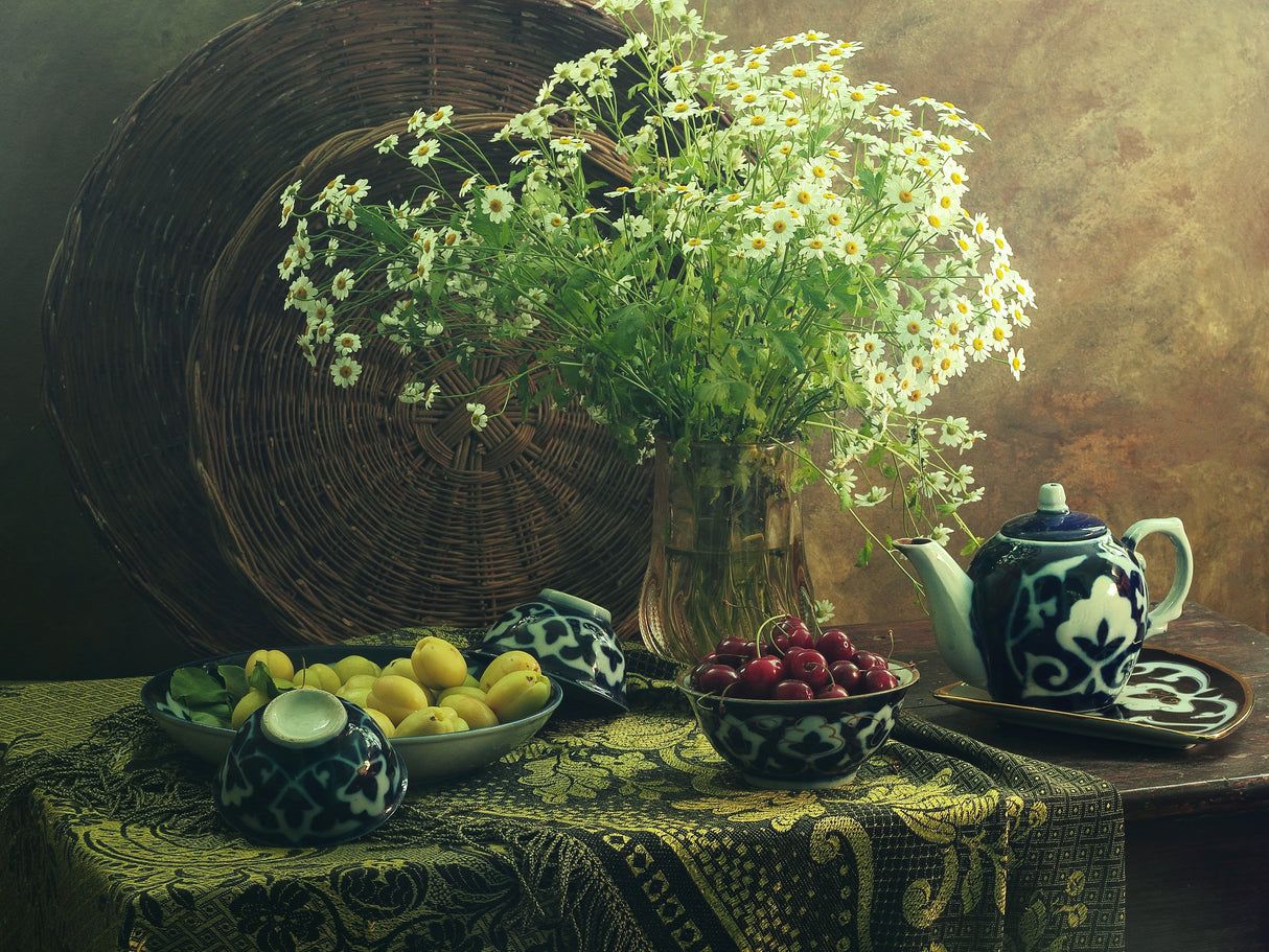 Still life with Cherry and Chamomiles Poster och Canvastavla