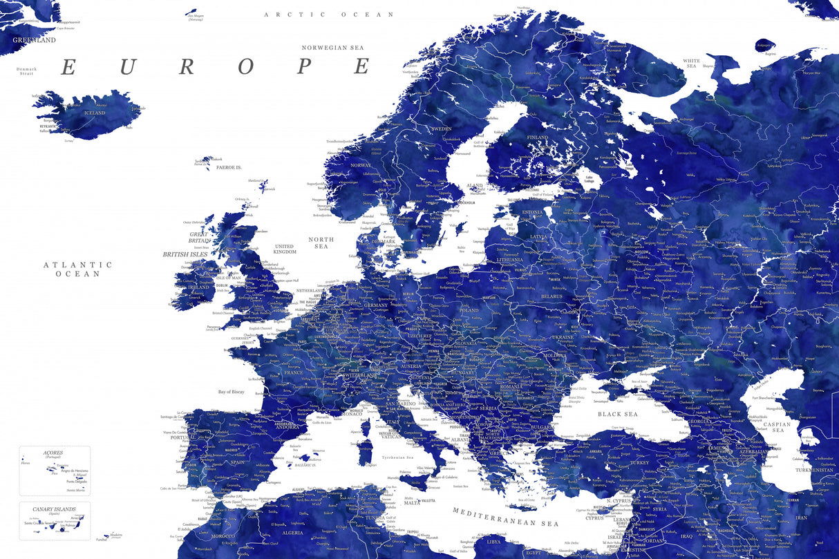 Navy blue detailed map of Europe Poster och Canvastavla