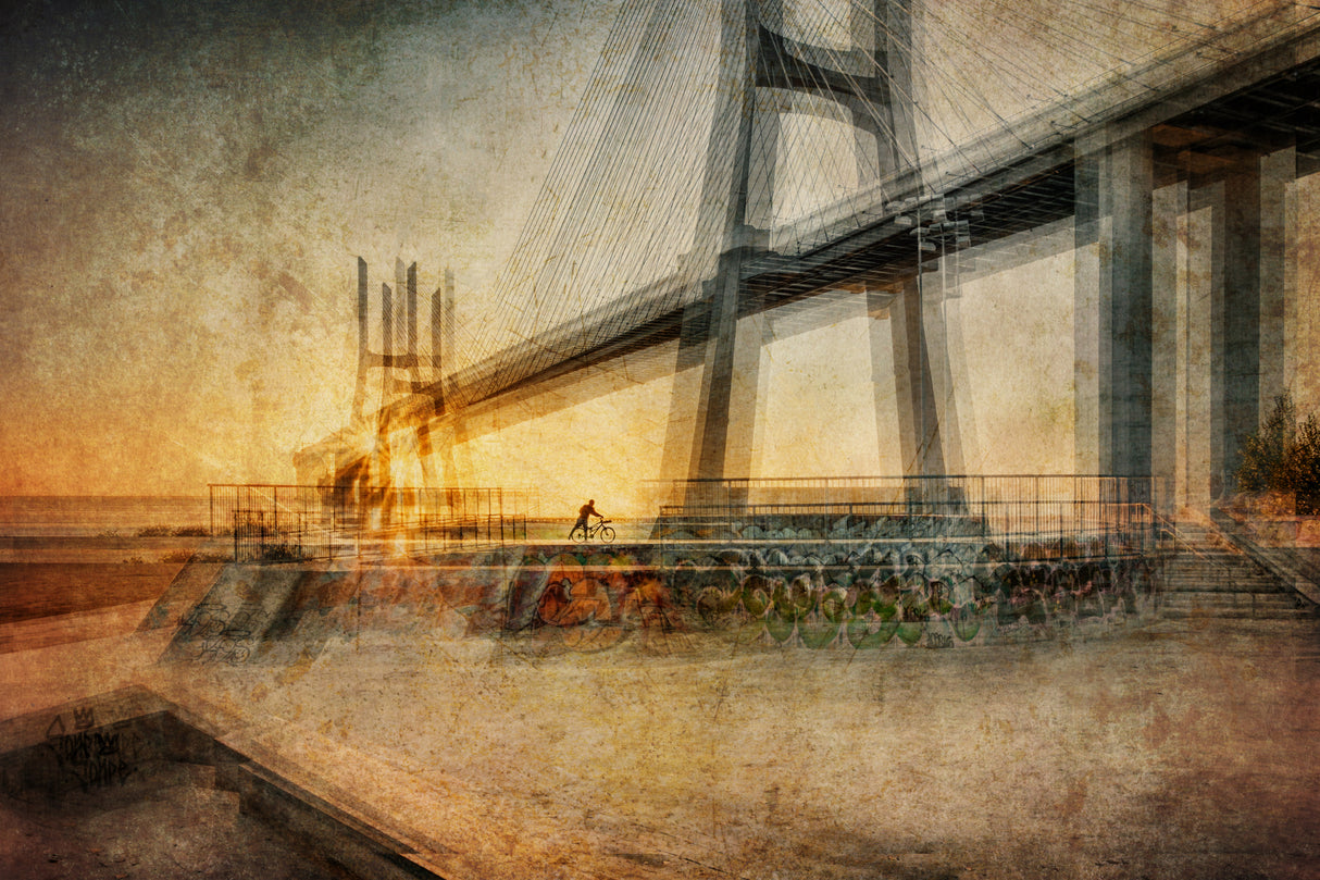 Sunrise near the bridge (Lisbon) Poster och Canvastavla