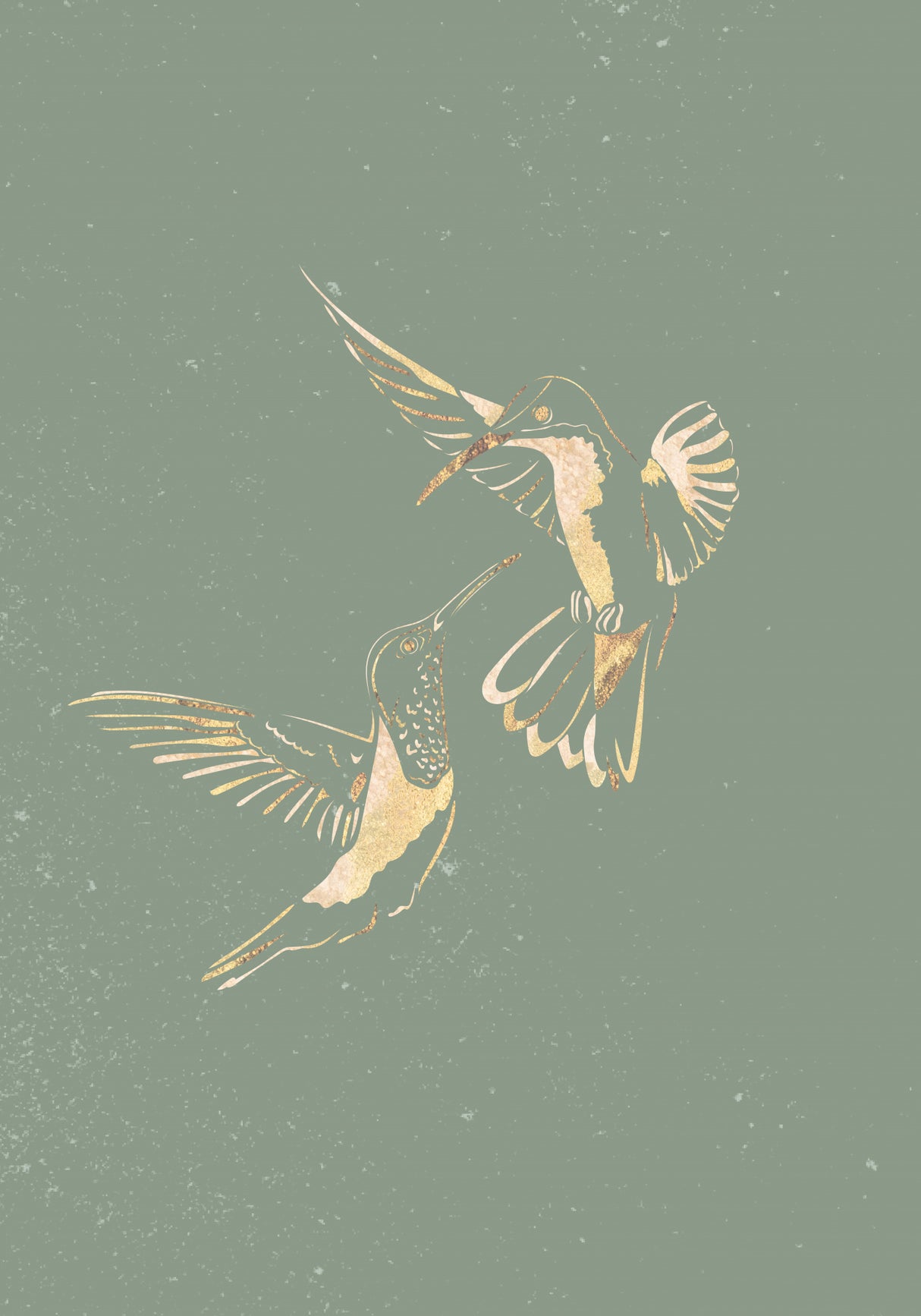 Sage Green Gold Hummingbirds Poster och Canvastavla