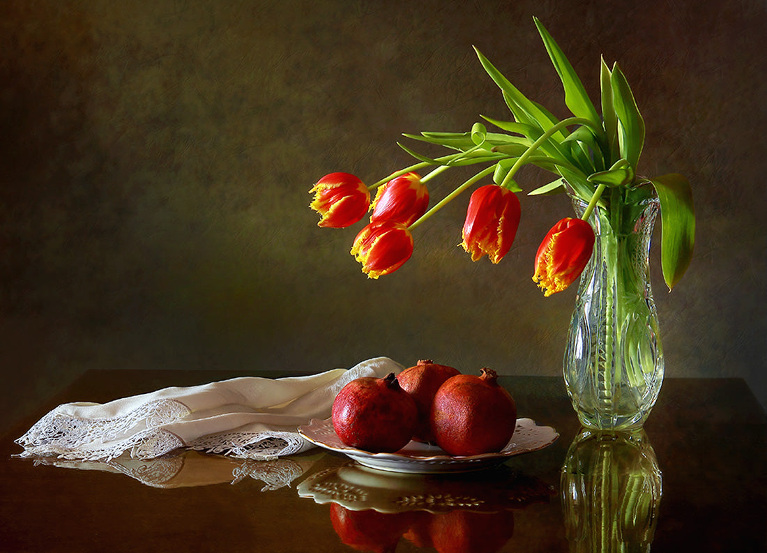 Still life with tulips and pomegranates Poster och Canvastavla
