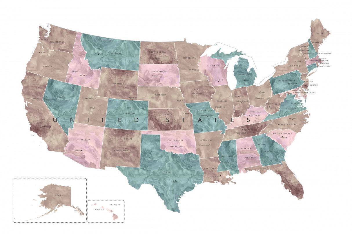 Pink and teal watercolor map of the US Poster och Canvastavla