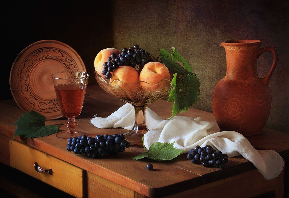 Still life with peaches and grapes Poster och Canvastavla