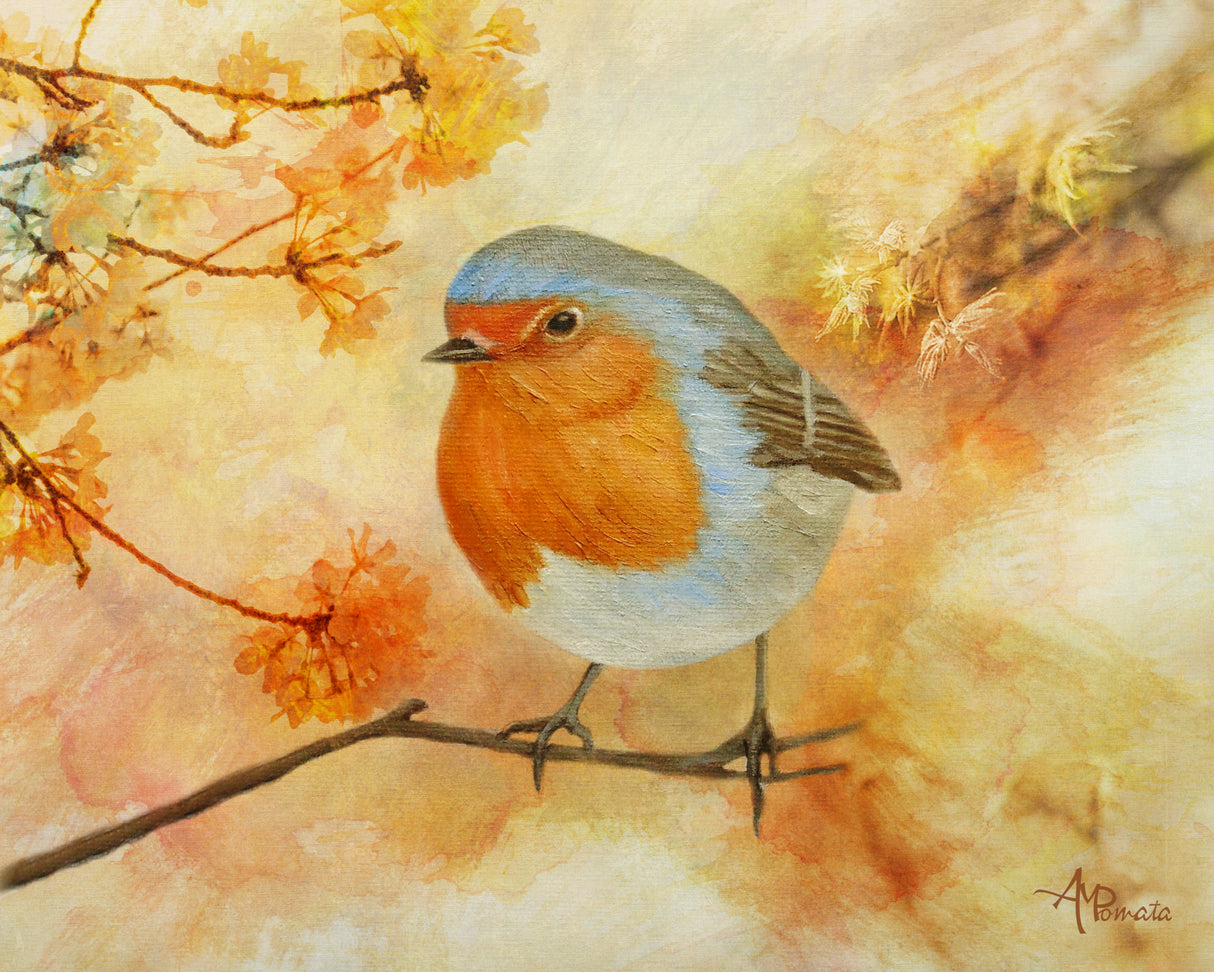Robin Among Flowers Poster och Canvastavla