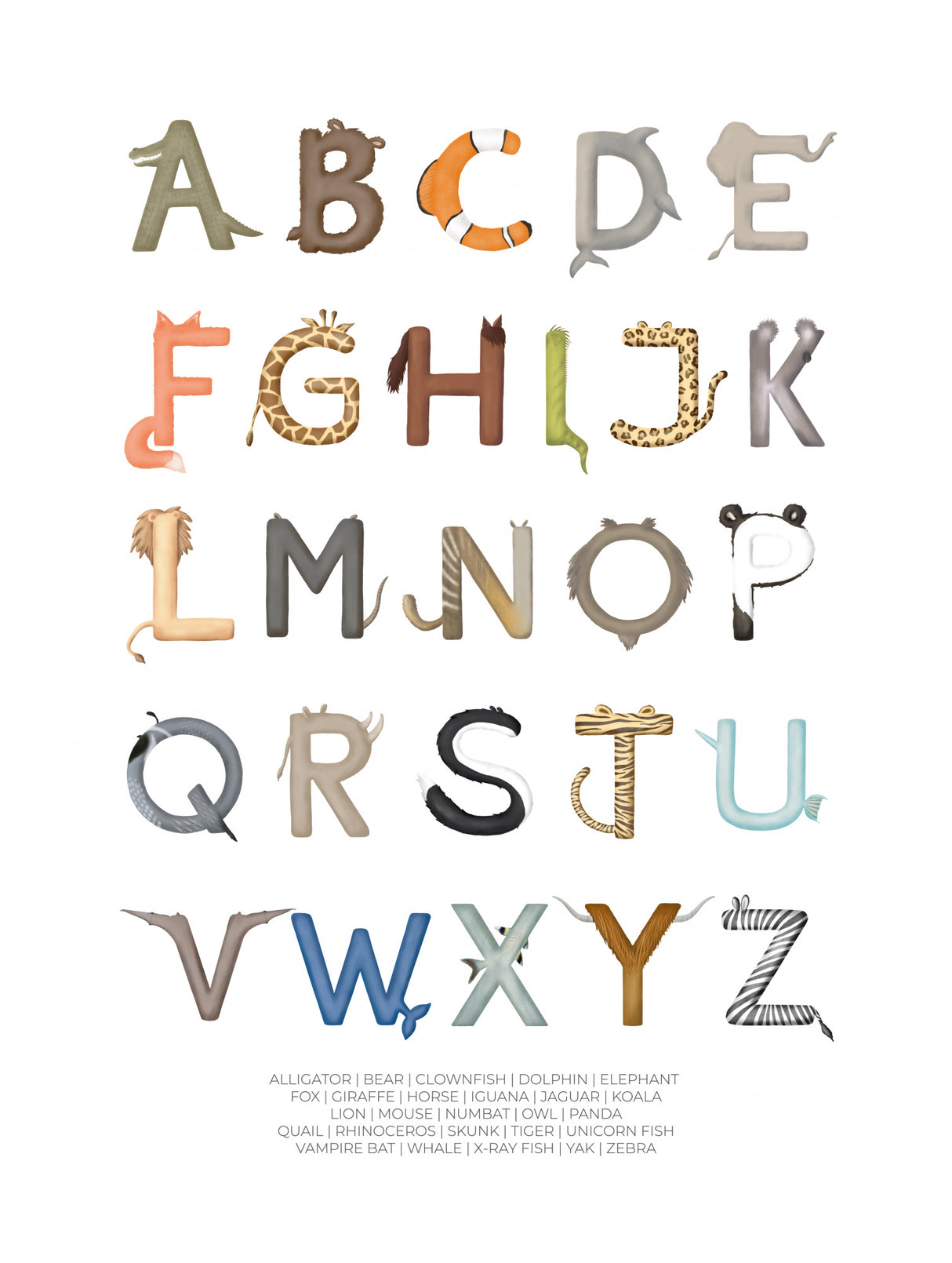 Animal Letters ABC Poster och Canvastavla