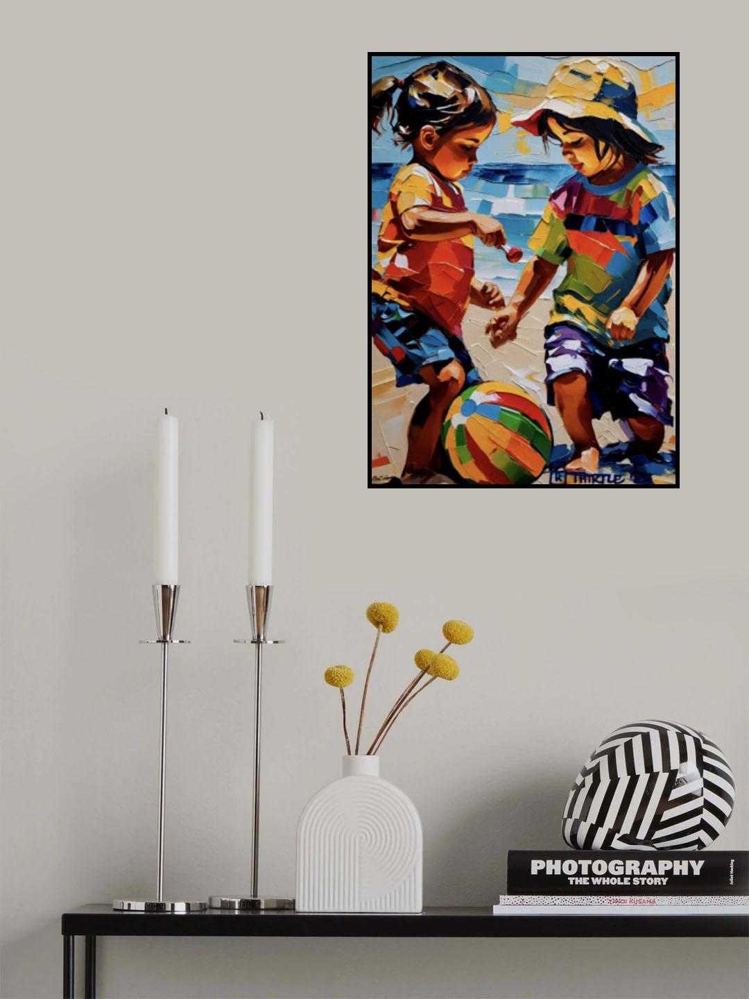 Boy and Girl Playing On the Beach Poster och Canvastavla