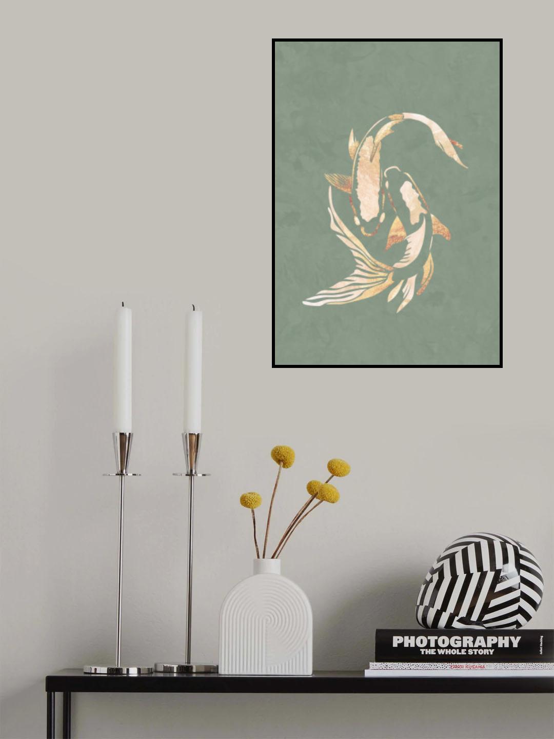 Sage Green Gold Koi Fish 1 Poster och Canvastavla