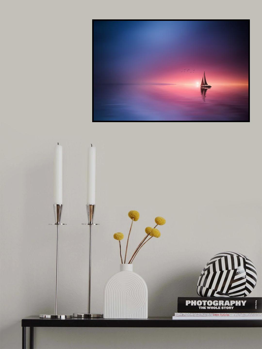 Sailing across the lake toward the sunset Poster och Canvastavla