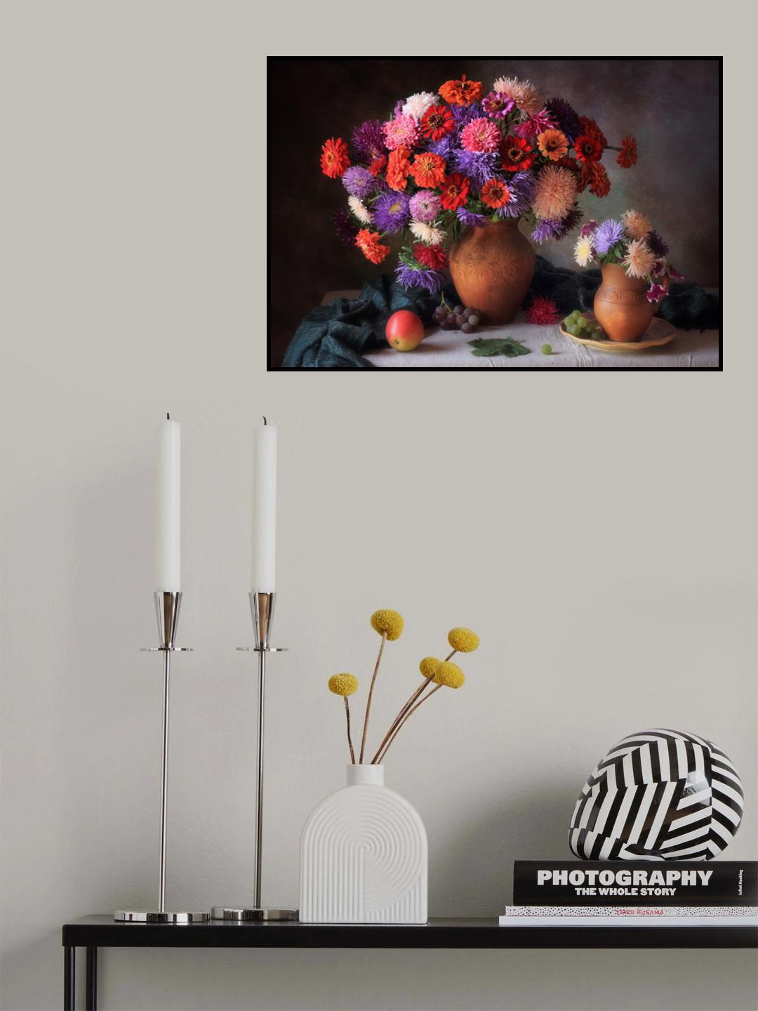 With a bouquet of asters and zinnia Poster och Canvastavla