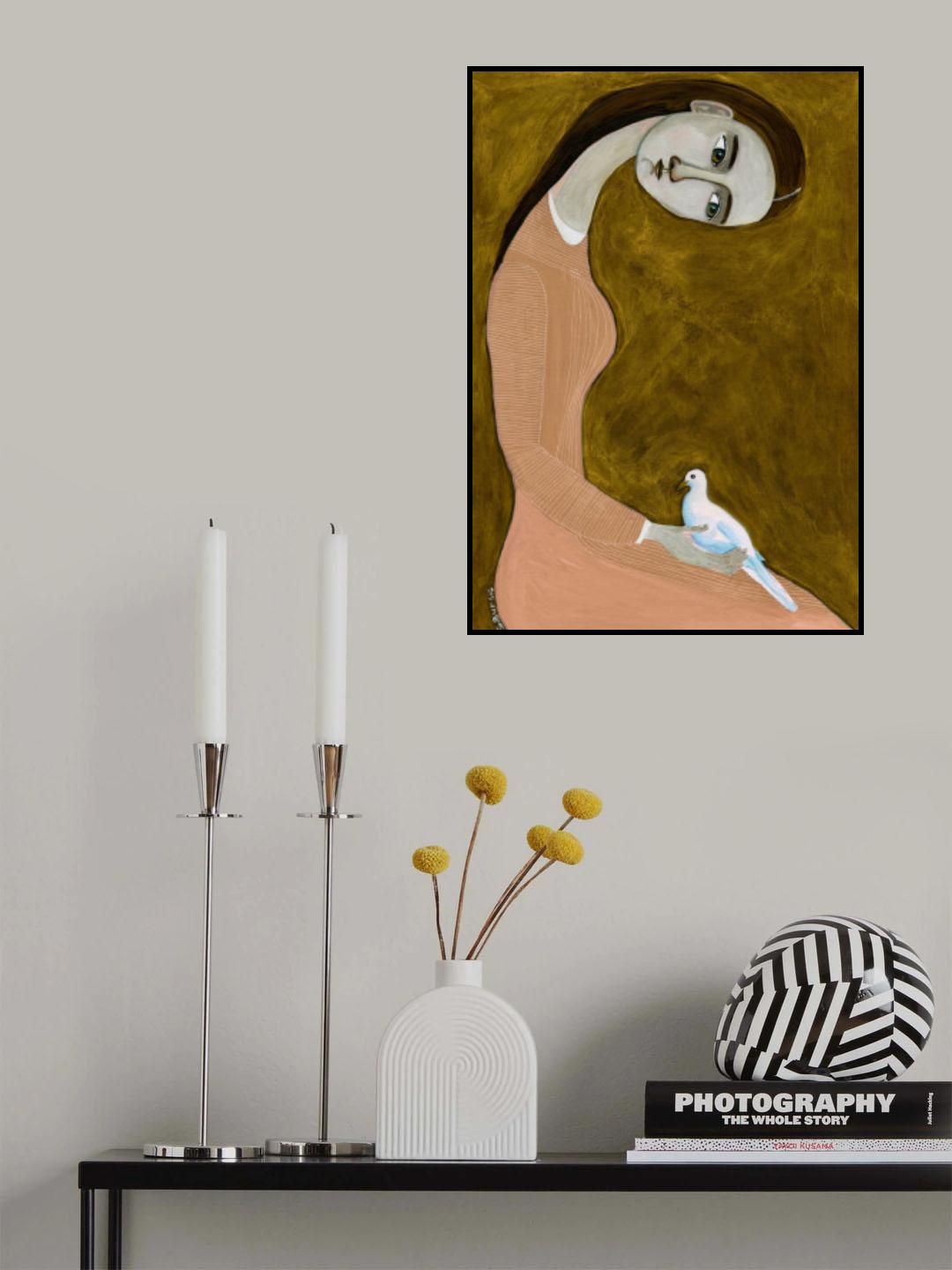 Girl with Dove sitting with pink dress Poster och Canvastavla