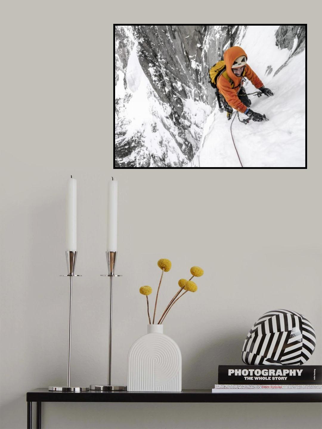 Tom Grant arriving in the upper Couloir Nord des Drus, Chamonix, France Poster och Canvastavla