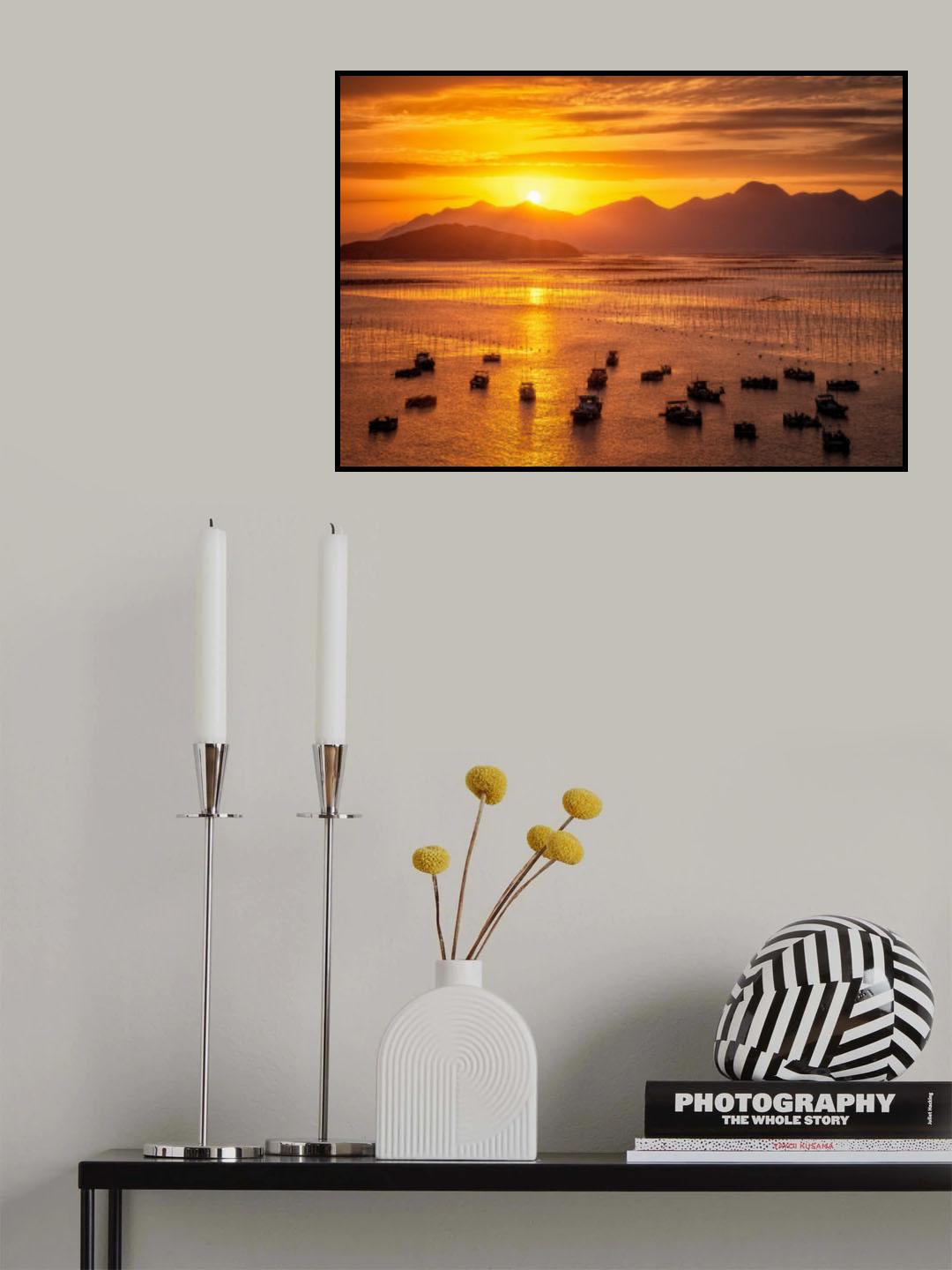 Fishing boats under sunset. Poster och Canvastavla