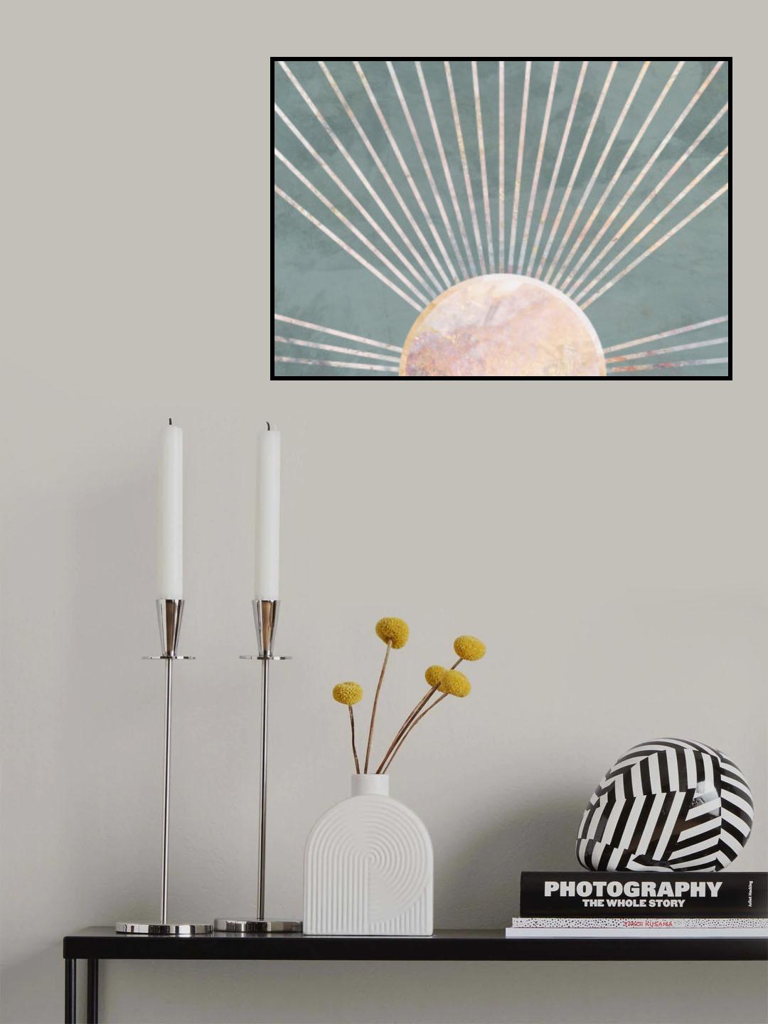 Gold sun rays mural green Poster och Canvastavla