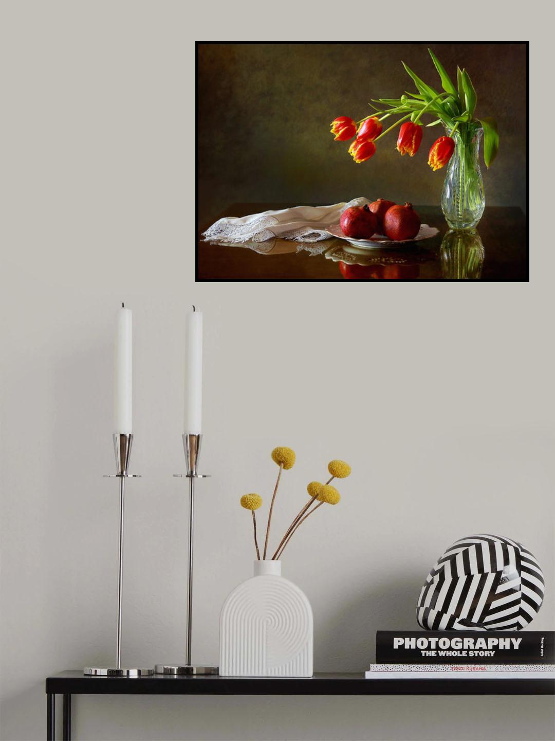 Still life with tulips and pomegranates Poster och Canvastavla